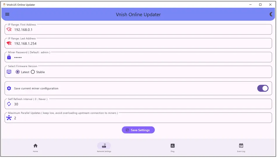Кнопка Network Settings в Vnish Online Updater